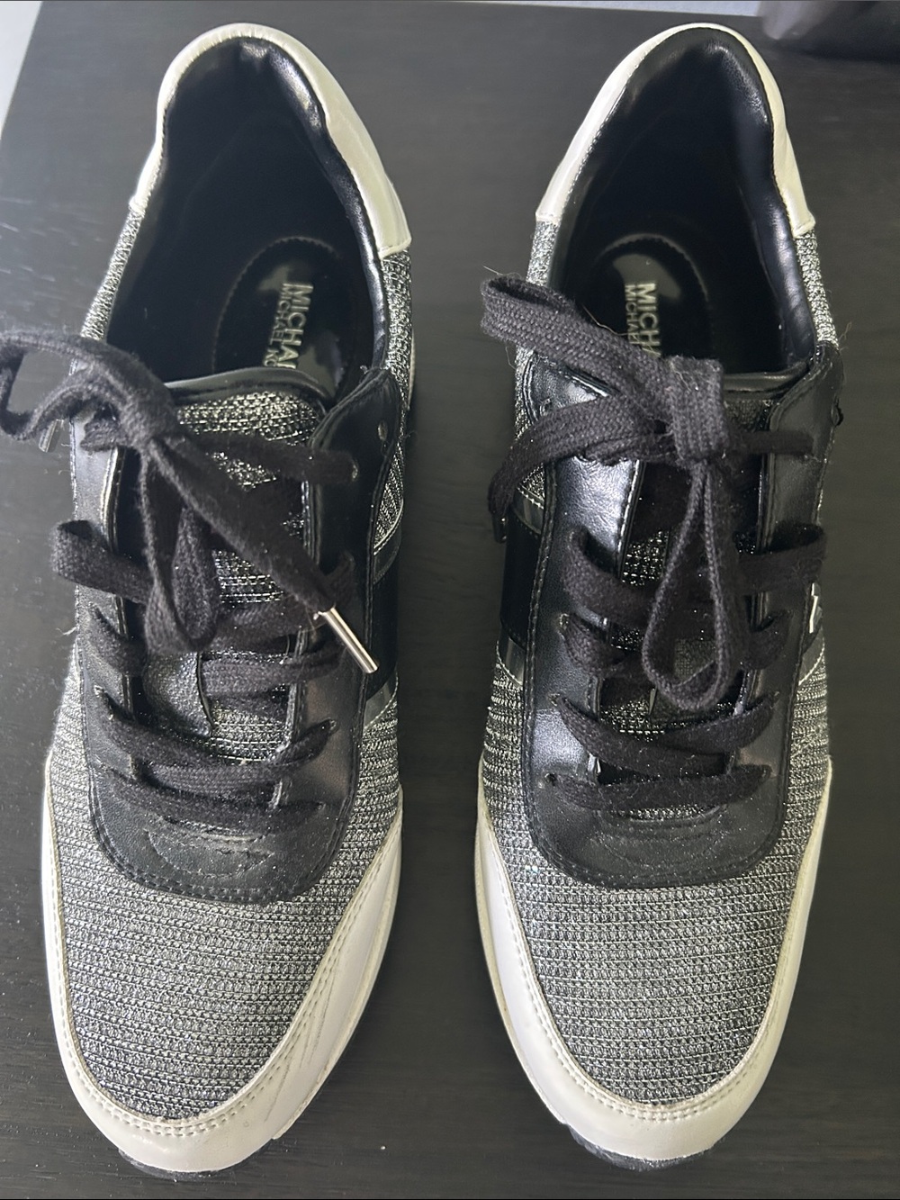 Michael Kors Womens Black & Silver Knit Lace-Up Sneakers with White Trim - Picture 3 of 7